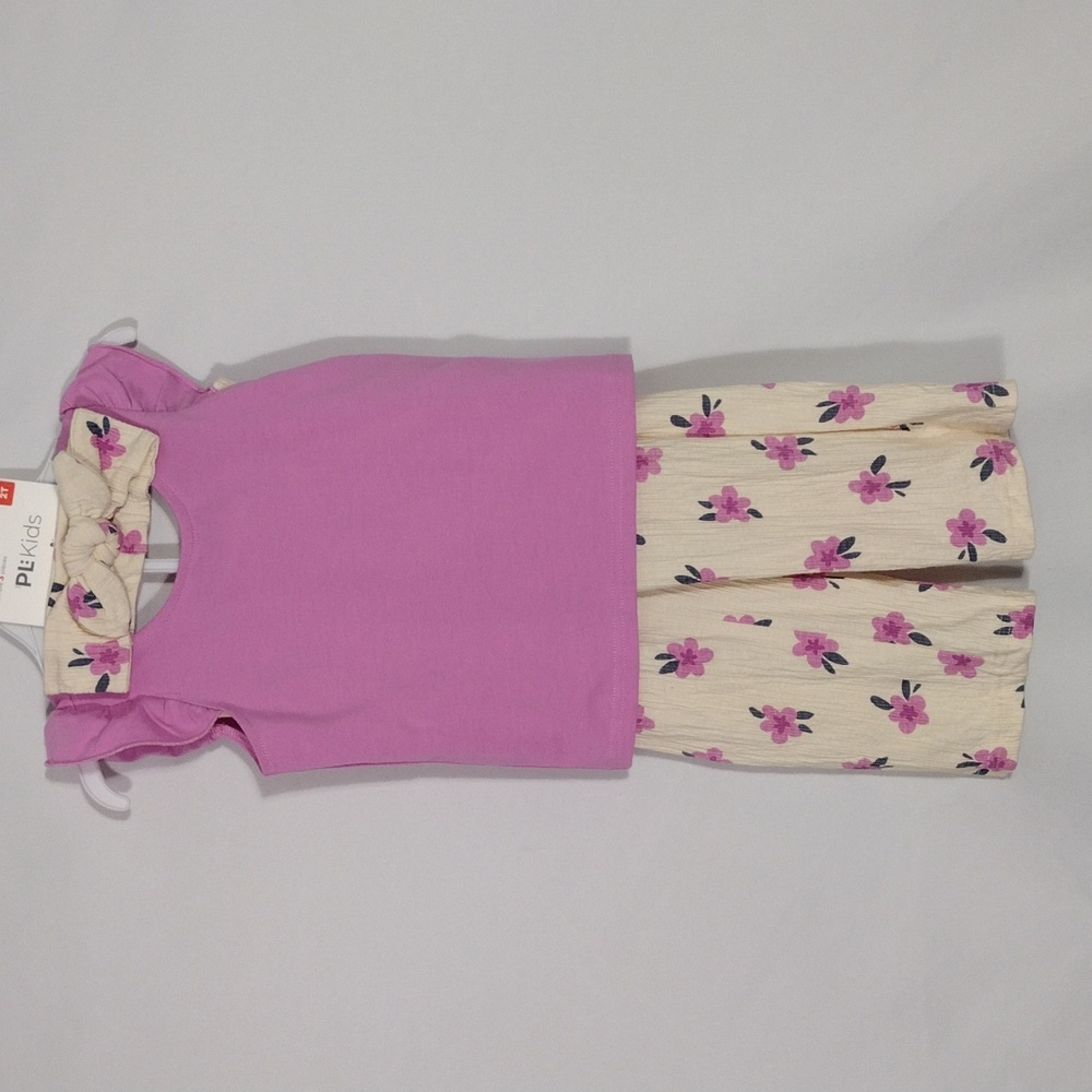 NWT Petit Lem Pink Flower Gauze Wide Leg Pant Ruffle Sleeve W Headband Set Sz 2T
